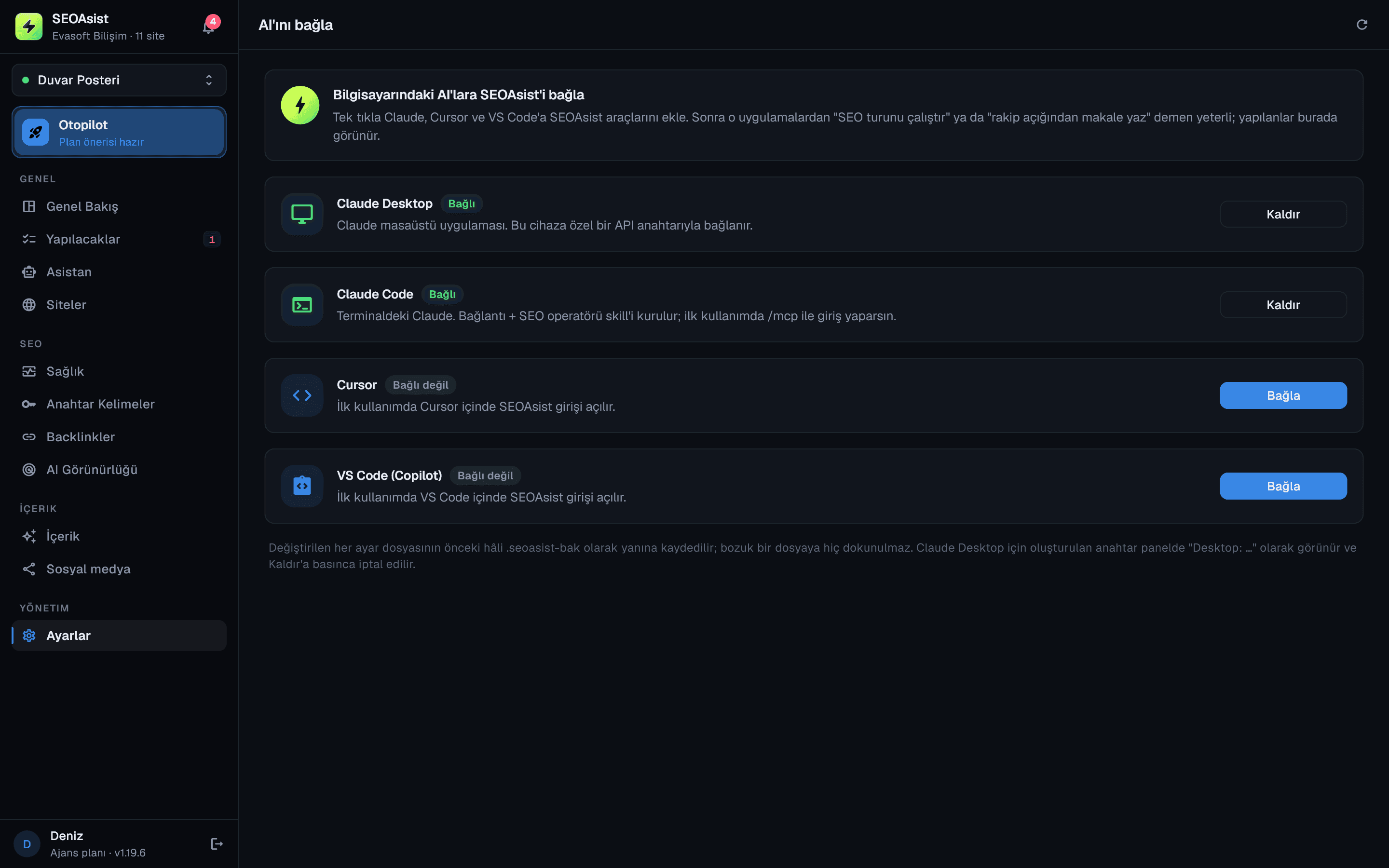 SEOAsist masaüstü uygulamasında AI'ını bağla ekranı: Claude Desktop, Claude Code, Cursor ve VS Code bağlantıları